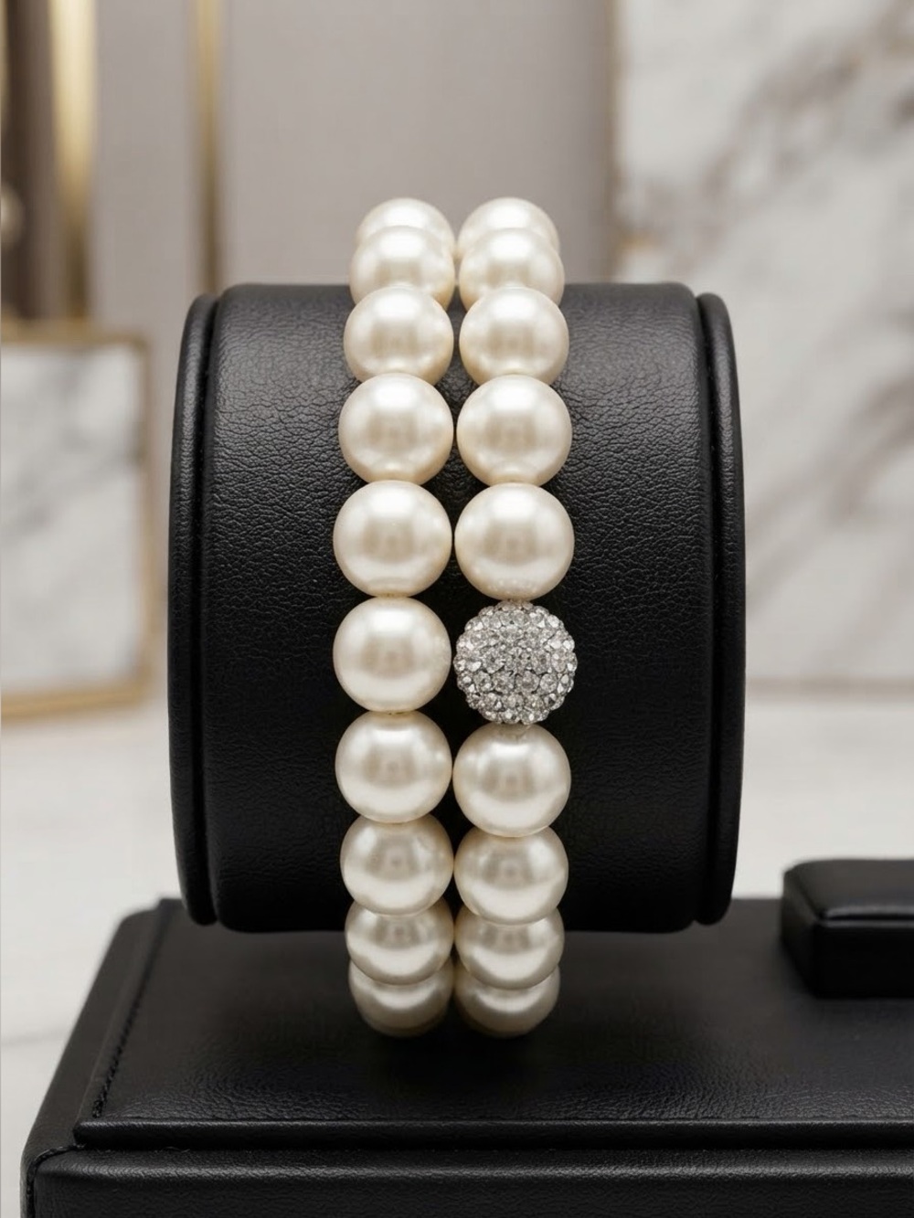 2-Piece White Faux Pearl Stretch Bracelet Set | Silver Pave Rhinestone Bridal